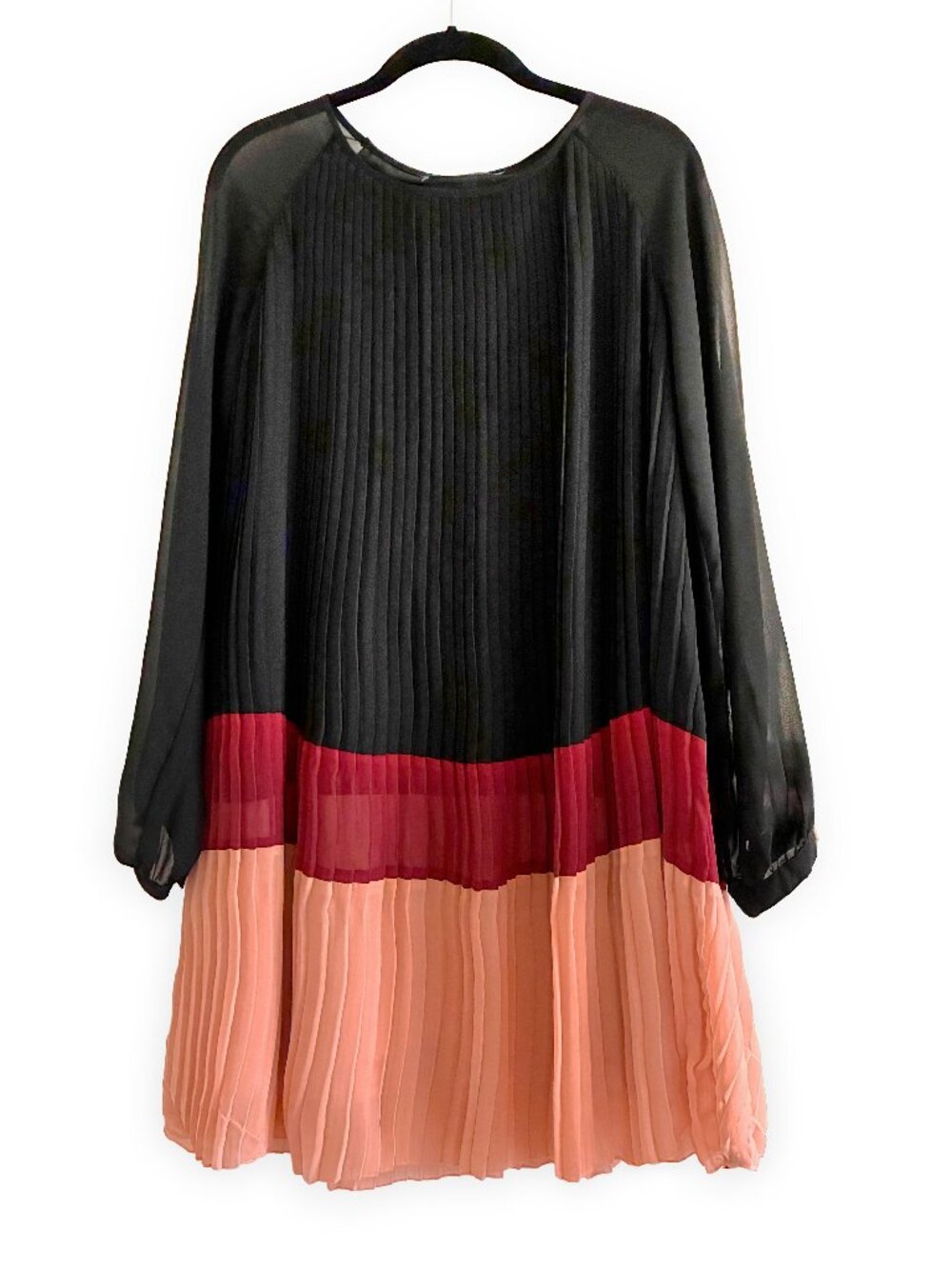 Vertigo Paris Pleated Colorblock Black/Merlo/Peach Dress with Sheer Sleeves